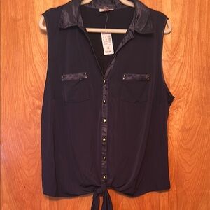 Navy Sleeveless Button-Down Top